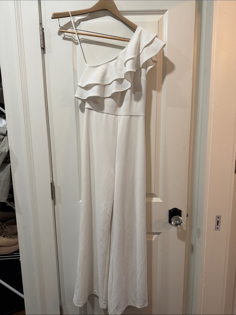 Express One-Shoulder Ruffle Wide-Leg Jumpsuit in White